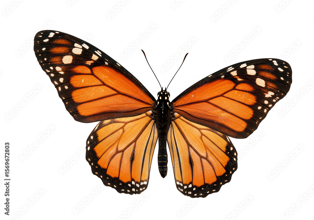 Fototapeta premium A vibrant monarch butterfly with orange and black wings is isolated on transparent background, showcasing its intricate patterns