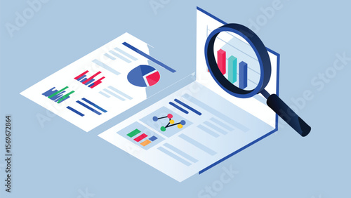 Isometric view of data analysis with magnifying glass focusing on charts and graphs on papers