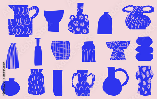 Vector collection of paper cutout style ceramic vases with brush textured patterns. Set of pottery designs with hand drawn doodle ornaments