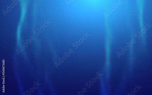 Blue Tech Fintech Background with Abstract Pixel Data and Light Grid Network. Futuristic Financial Vector Design for Crypto Business or Digital Presentation. Geometric Blockchain Flow with Dynamic Glo