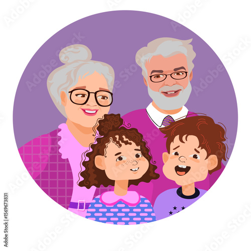 Portrait of an elderly man and woman with their grandson and granddaughter. Happy old age husband and wife with grandchildren.  Two loving older people. Boy and girl. Flat vector illustration.