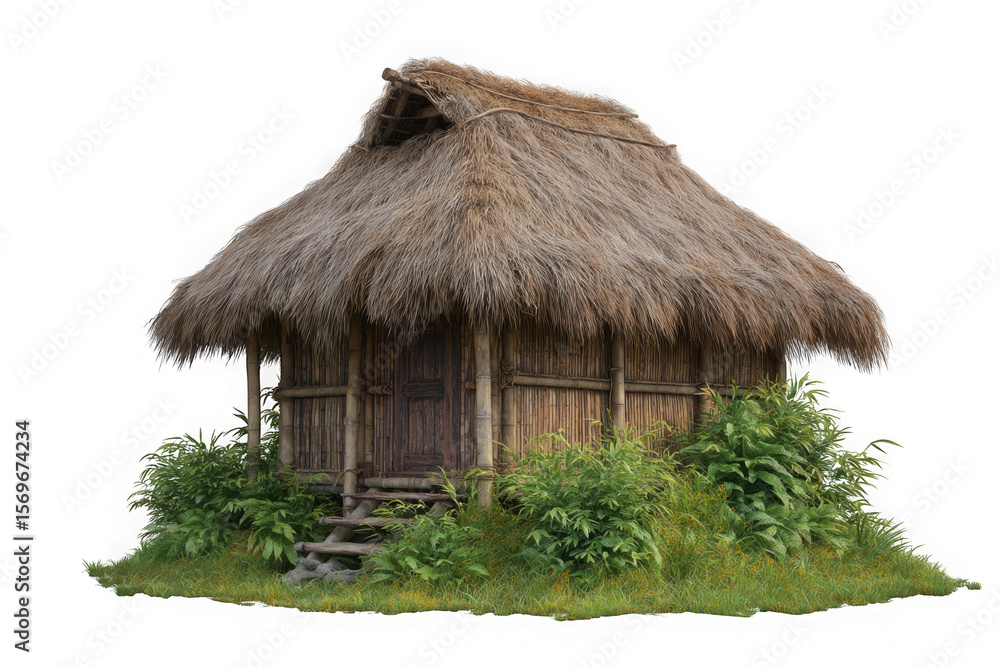 Rustic bamboo hut with thatch roof and lush greenery isolated on transparent background Rustic bamboo hut with thatch roof and lush greenery isolated on transparent background