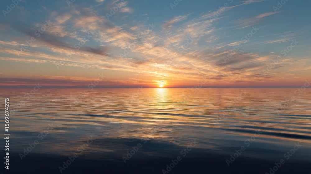 Fototapeta premium Vast sea with setting sun shining on endless water surface, blue sky with white clouds on the horizon, and ripples rising from deep ocean bottom, forming a magnificent natural landscape.