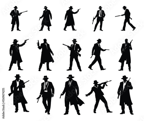 A collection of classic 1920s gangster and mobster silhouettes, wearing fedoras and trench coats while holding various firearms.