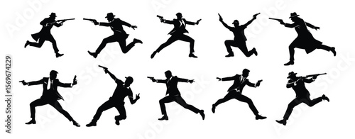 A collection of dynamic silhouettes depicting agents or gangsters in suits, in various action poses with guns.
