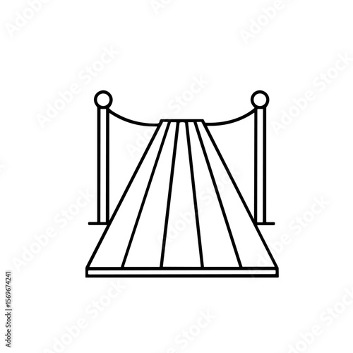 Line art illustration of a red carpet entrance with stanchions and rope barriers.