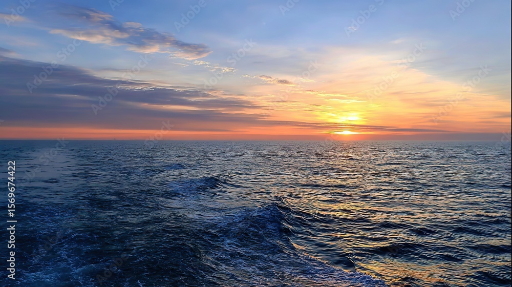 Fototapeta premium Vast sea with setting sun shining on endless water surface, blue sky with white clouds on the horizon, and ripples rising from deep ocean bottom, forming a magnificent natural landscape.