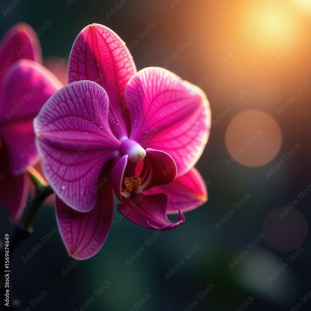 Fototapeta premium Deep crimson orchids unfolding, dew drops sparkle , botanical, water drops