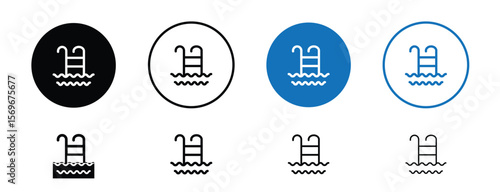 Set of pixel perfect colored Pool icon, 1 Silhouette, 1 unexpanded, Swimming pool icon representing summer leisure, relaxation, and vacation activities.