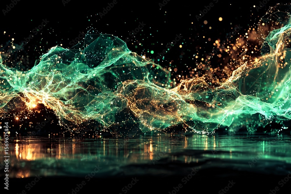 Fototapeta premium Wallpaper designed with shiny green and gold smoke on a black background. Generative AI 