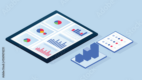 Isometric tablet displaying charts and graphs with a bar graph and data table nearby