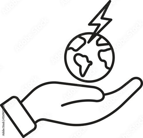 Hand with earth and lightning bolt icon representing clean power generation, global renewable energy awareness with transparent background