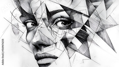 Abstract face art drawing sketch portrait black and white woman illustration