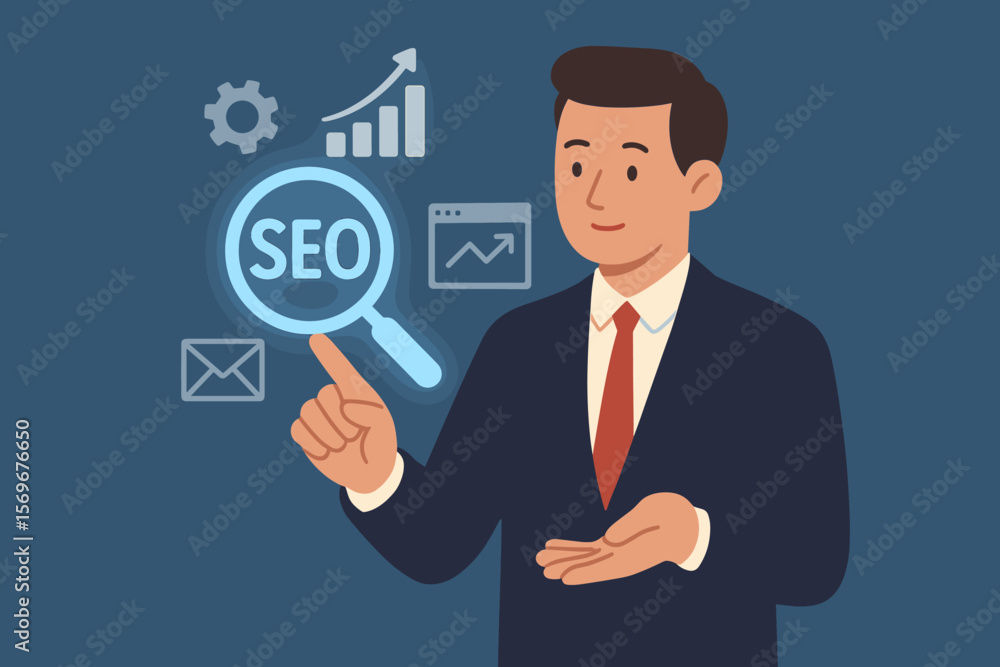 Businessman touching virtual SEO icon for search engine optimization. Digital marketing concept for website traffic, data analysis, and ranking growth. Technology business strategy. Businessman touching virtual SEO icon for search engine optimization. Digital marketing concept for website traffic, data analysis, and ranking growth. Technology business strategy.