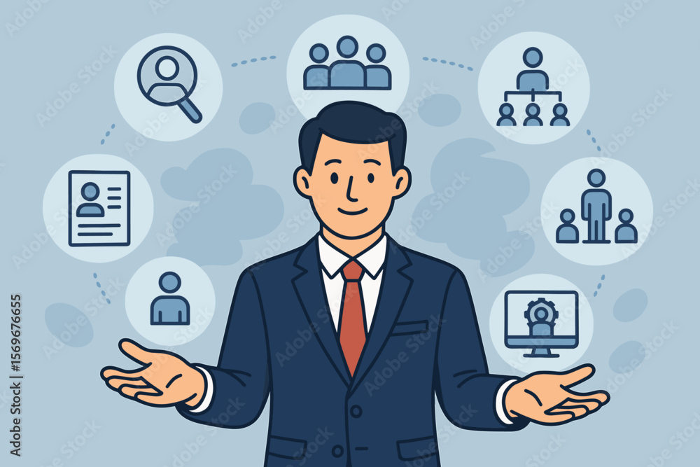 Human resources management concept. Businessman with icons for recruitment, team leadership, employee data, and organization structure. Digital HR technology and business strategy. Human resources management concept. Businessman with icons for recruitment, team leadership, employee data, and organization structure. Digital HR technology and business strategy.