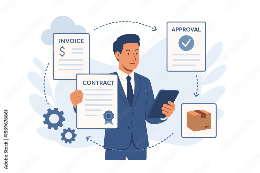 Businessman managing digital procurement process. E-procurement workflow concept with contract, invoice, approval. B2B sourcing, vendor management, and supply chain automation. Businessman managing digital procurement process. E-procurement workflow concept with contract, invoice, approval. B2B sourcing, vendor management, and supply chain automation.