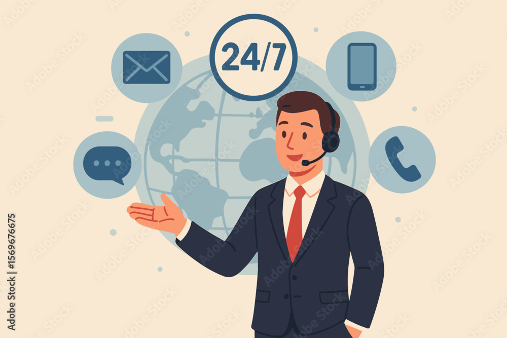 Male call center agent with a headset offers 24/7 customer support. Concept of online helpdesk, hotline and global communication. Nonstop technical assistance, contact us. Male call center agent with a headset offers 24/7 customer support. Concept of online helpdesk, hotline and global communication. Nonstop technical assistance, contact us.