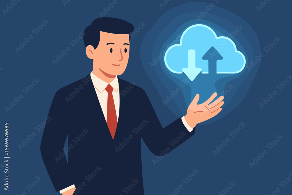 Businessman presenting a virtual glowing cloud computing icon for data transfer. Concept of downloading and uploading information. Technology network application for data storage. Businessman presenting a virtual glowing cloud computing icon for data transfer. Concept of downloading and uploading information. Technology network application for data storage.