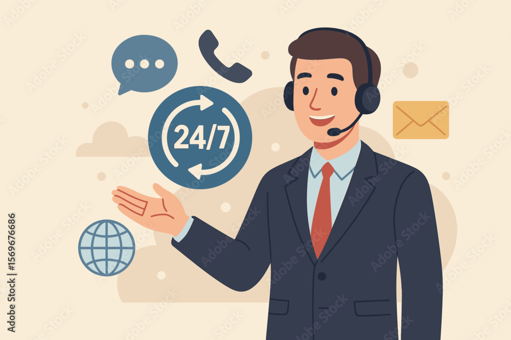 Businessman offering 24/7 customer service. Concept of call center, online assistance, and nonstop global support. Male operator with headset and communication icons. Businessman offering 24/7 customer service. Concept of call center, online assistance, and nonstop global support. Male operator with headset and communication icons.