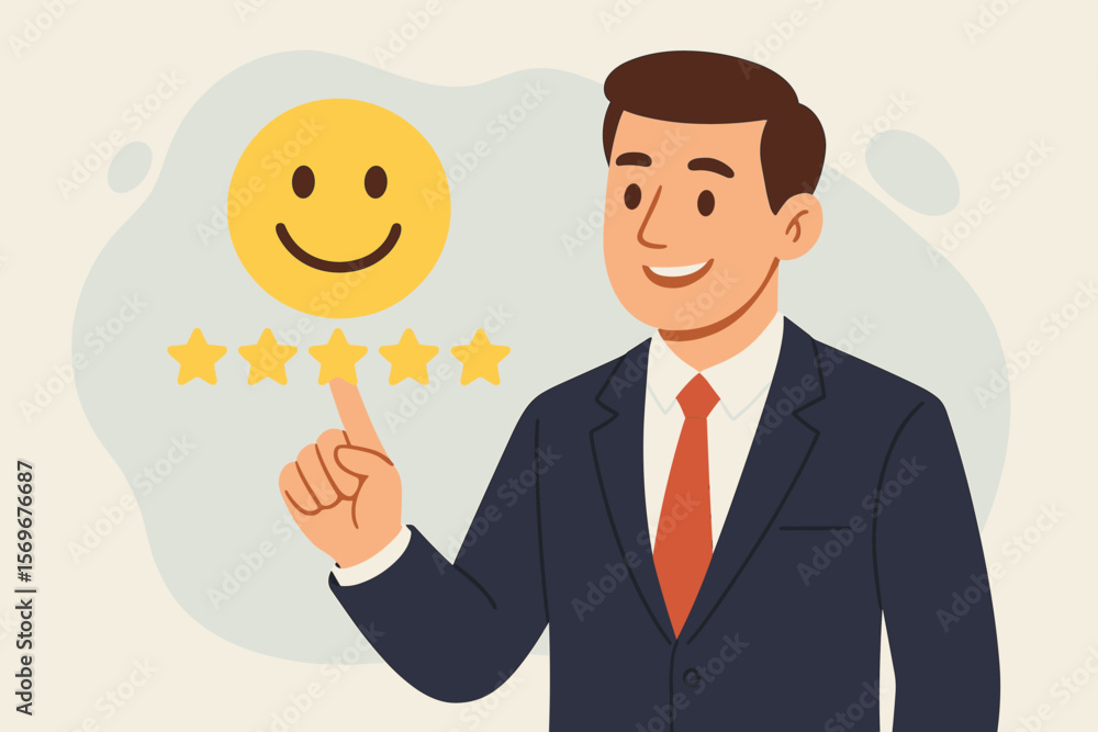 Businessman giving a five star rating. Customer satisfaction survey, positive feedback concept. Client experience review with happy smile face icon. Excellent quality service. Businessman giving a five star rating. Customer satisfaction survey, positive feedback concept. Client experience review with happy smile face icon. Excellent quality service.