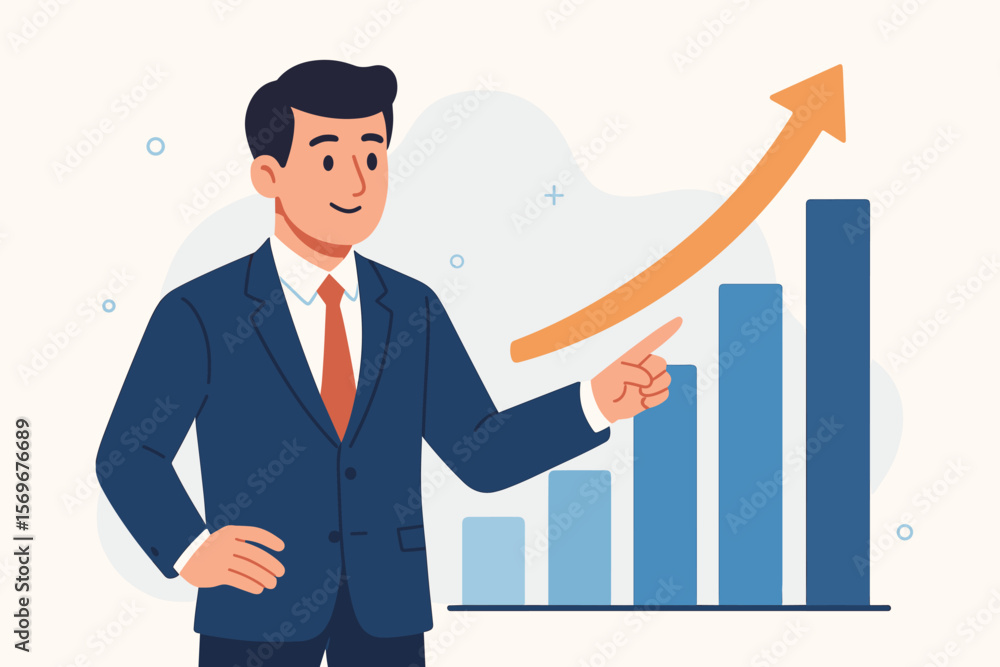 Businessman pointing at a growing bar chart with an upward arrow. Business success, financial growth, and performance analytics concept. Investment profit and corporate strategy. Businessman pointing at a growing bar chart with an upward arrow. Business success, financial growth, and performance analytics concept. Investment profit and corporate strategy.