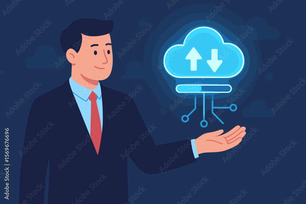 Businessman shows virtual cloud computing for data transfer. Digital information upload, download on network system. Cloud storage service and modern technology solutions concept. Businessman shows virtual cloud computing for data transfer. Digital information upload, download on network system. Cloud storage service and modern technology solutions concept.