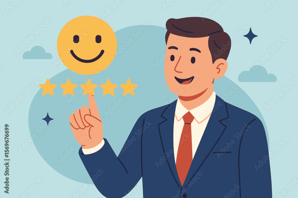 Excellent customer satisfaction concept. Businessman selecting a 5 star rating with a smiley face icon. Positive feedback, quality service, and online review for the best experience. Excellent customer satisfaction concept. Businessman selecting a 5 star rating with a smiley face icon. Positive feedback, quality service, and online review for the best experience.