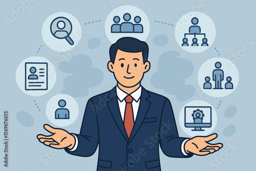 Human resources management concept. Businessman with icons for recruitment, team leadership, employee data, and organization structure. Digital HR technology and business strategy.