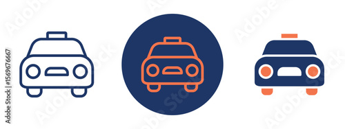Set of pixel perfect colored Taxi icon, 1 Silhouette, 1 unexpanded, Simple taxi car front view icon used for transportation, city rides, and cab services.