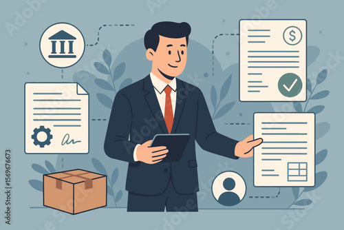 Businessman managing digital procurement process with tablet. E-procurement concept with contract, invoice, approval. B2B sourcing, vendor management, supply chain automation.