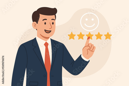 Businessman giving a five star rating. Concept of customer satisfaction, positive feedback, and review. Excellent service and quality evaluation. Happy client user experience.
