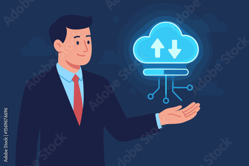Businessman shows virtual cloud computing for data transfer. Digital information upload, download on network system. Cloud storage service and modern technology solutions concept.
