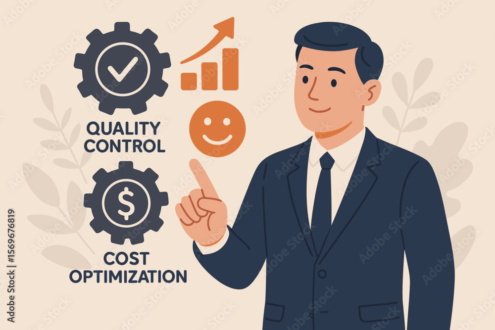Quality control and cost optimization concept. Businessman managing balance for company performance improvement, growth and customer satisfaction. Business strategy management. Quality control and cost optimization concept. Businessman managing balance for company performance improvement, growth and customer satisfaction. Business strategy management.