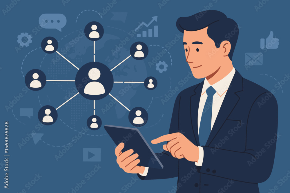 Customer relationship management CRM concept. Businessman using tablet to manage global customer network. Data exchange, social media, and customer service technology. Customer relationship management CRM concept. Businessman using tablet to manage global customer network. Data exchange, social media, and customer service technology.