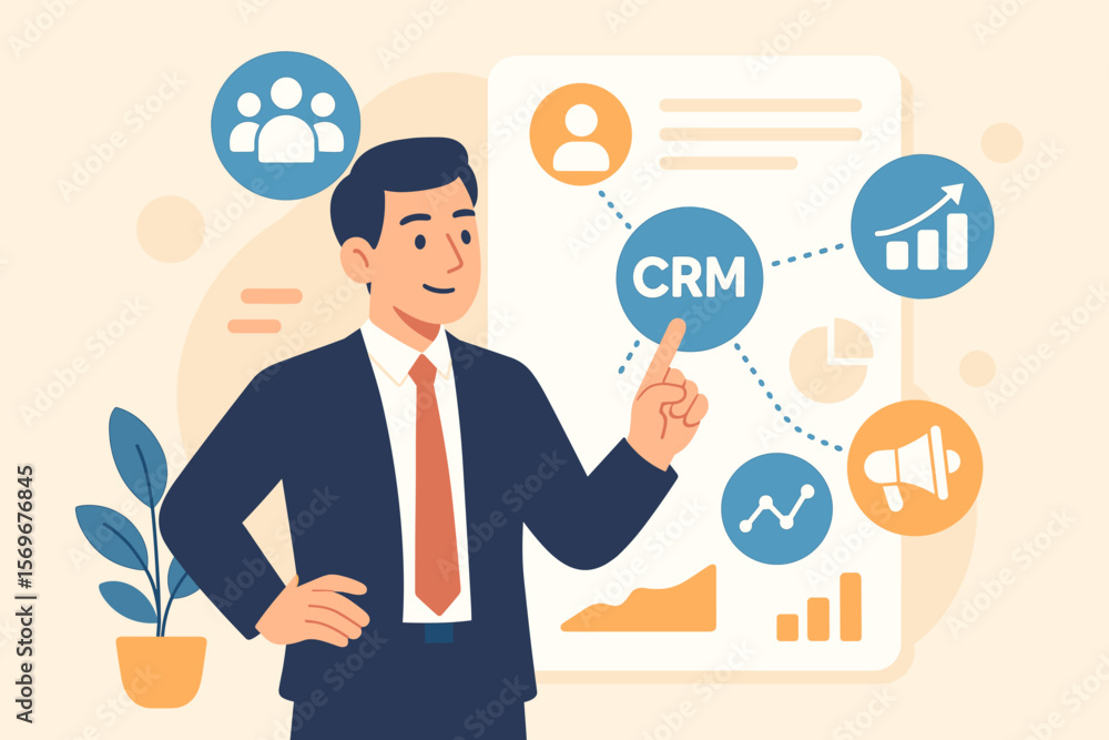 CRM system technology. Customer Relationship Management concept. Businessman with data analytics dashboard. Digital marketing strategy icons. Client engagement, sales, tech support. CRM system technology. Customer Relationship Management concept. Businessman with data analytics dashboard. Digital marketing strategy icons. Client engagement, sales, tech support.