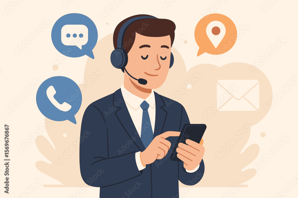 Customer support hotline and contact us concept. Businessman operator with headset using smartphone. Call center agent managing client communications with icons for email, phone, chat, address. Customer support hotline and contact us concept. Businessman operator with headset using smartphone. Call center agent managing client communications with icons for email, phone, chat, address.