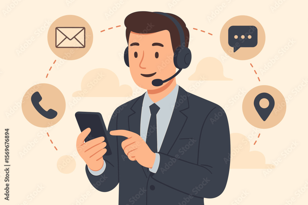 Customer support, contact us, and call center concept. Male operator or agent in headset with smartphone. Communication icons for email, call, chat, address, and location. Customer support, contact us, and call center concept. Male operator or agent in headset with smartphone. Communication icons for email, call, chat, address, and location.