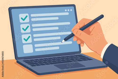 Businessman hand with stylus pen completes digital checklist on laptop. Task management, online survey, project planning. Productivity, organization, and digital workflow concept.