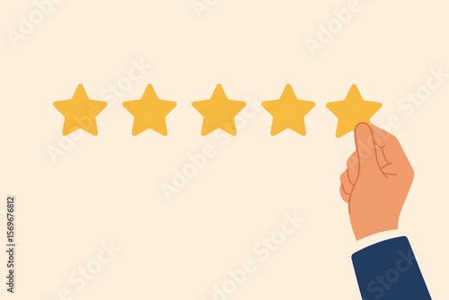 Customer satisfaction concept. Hand gives a five star rating. Best review for excellent service. Positive feedback, quality survey, and client evaluation. Success symbol.