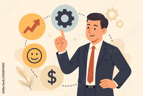 Quality control and cost optimization concept. Businessman manages process for company performance, customer satisfaction, and profit growth. Business strategy illustration vector.