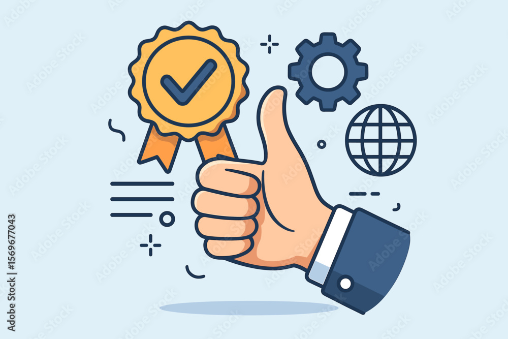 Quality assurance certification concept. Hand thumbs up approval, guarantee badge, ISO standards, service excellence, standardization, modern business vector illustration Quality assurance certification concept. Hand thumbs up approval, guarantee badge, ISO standards, service excellence, standardization, modern business vector illustration