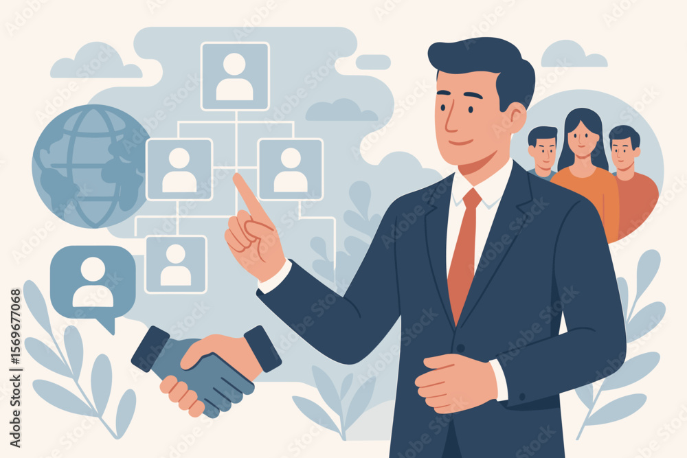 Human resource management, businessman pointing at organizational structure, effective personnel management, recruitment, leadership, team building, CRM, business teamwork concept Human resource management, businessman pointing at organizational structure, effective personnel management, recruitment, leadership, team building, CRM, business teamwork concept