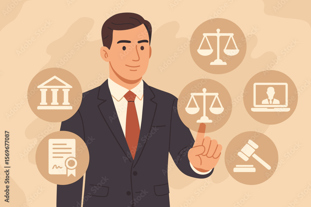 Legal professional in suit interacting with virtual justice icons. Law, attorney, notary, court, legal services, legislation, scales of justice, gavel, certification, online consultation Legal professional in suit interacting with virtual justice icons. Law, attorney, notary, court, legal services, legislation, scales of justice, gavel, certification, online consultation