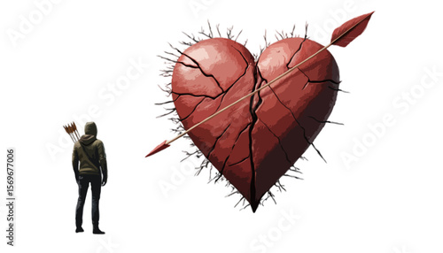 The bittersweet pain of lost or unrequited love is represented by an arrow striking the heart deep isolated on transparent background