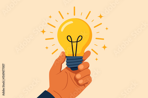 Hand holding a glowing light bulb. Concept of idea, innovation, inspiration, and creativity. Brainstorming, solution and thinking metaphor. Modern flat vector cartoon.
