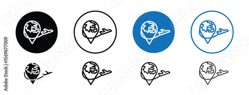 Set of pixel perfect colored Travel icon, 1 Silhouette, 1 unexpanded, Airplane flying around a globe representing global travel and tourism.