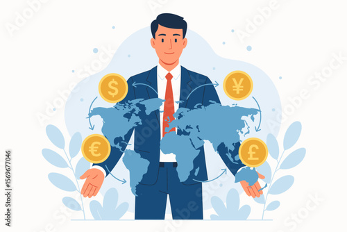Global currency exchange concept with businessman and world map. International business, finance, and investment. Forex trading with dollar, euro, yen, and pound currency symbols.