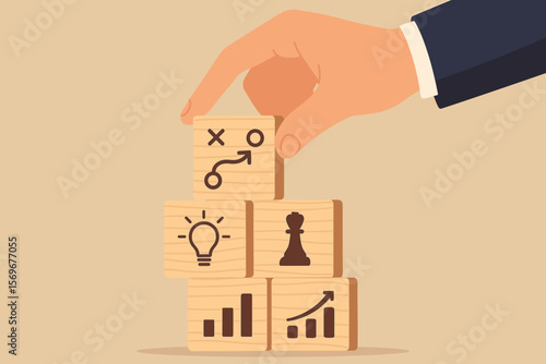 Businessman building strategy by stacking wood blocks with icons. Business action plan, idea, leadership, data, and growth concept. Strategic management vector illustration.