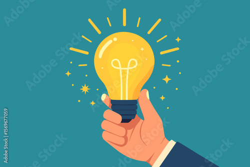 Businessman hand holding glowing light bulb. Concept of creative idea, innovation, inspiration, and discovery. Symbol of thinking, solution, and eureka moment. Flat vector.