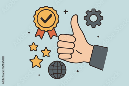 Quality Assurance Certification Concept. Thumbs Up Hand Sign, Award Badge, Stars, Gear, Globe. Guarantee, ISO Standards, Service Excellence, Standardization Flat Vector Illustration
